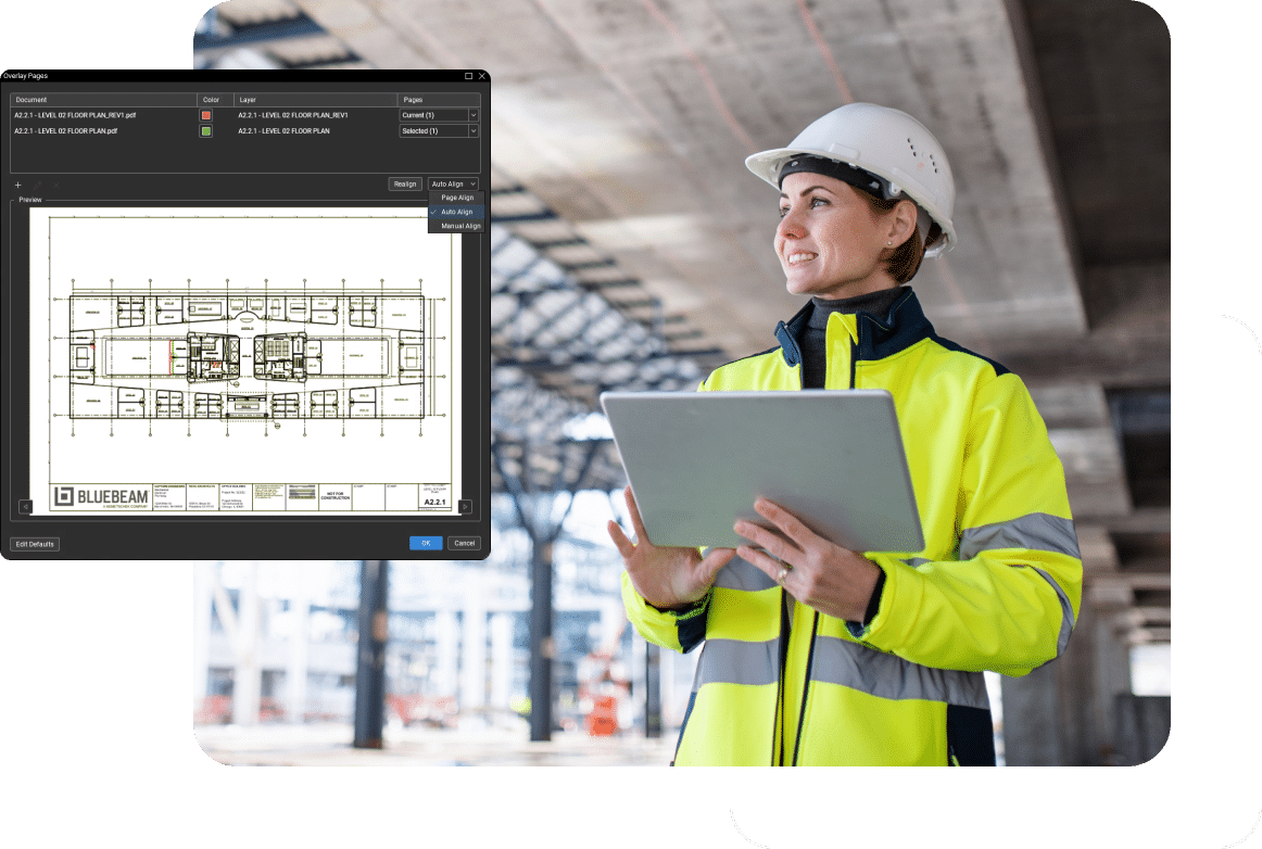 Construction worker looks up from tablet, with an overlay screenshot of Revu shown